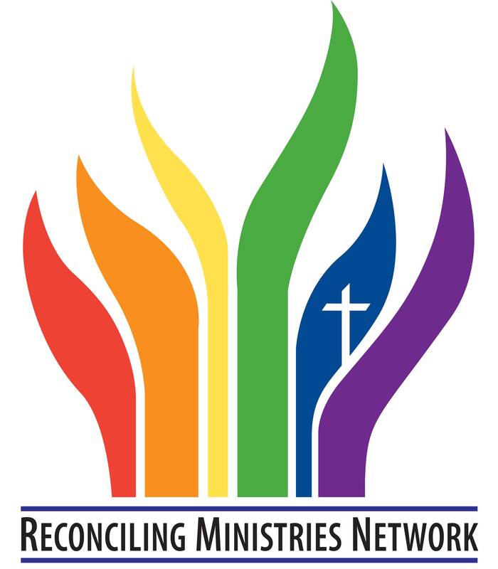 The Reconciling Ministries Network Logo - Rainbow Flames of Red, Orange, Yellow, Green, Blue surrounding a white cross, and purple